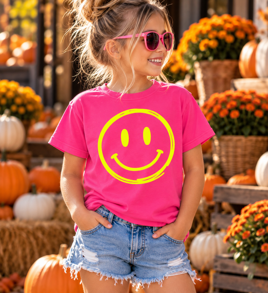 Youth Neon Smiley Face T-Shirt – Hot Pink Graphic Tee